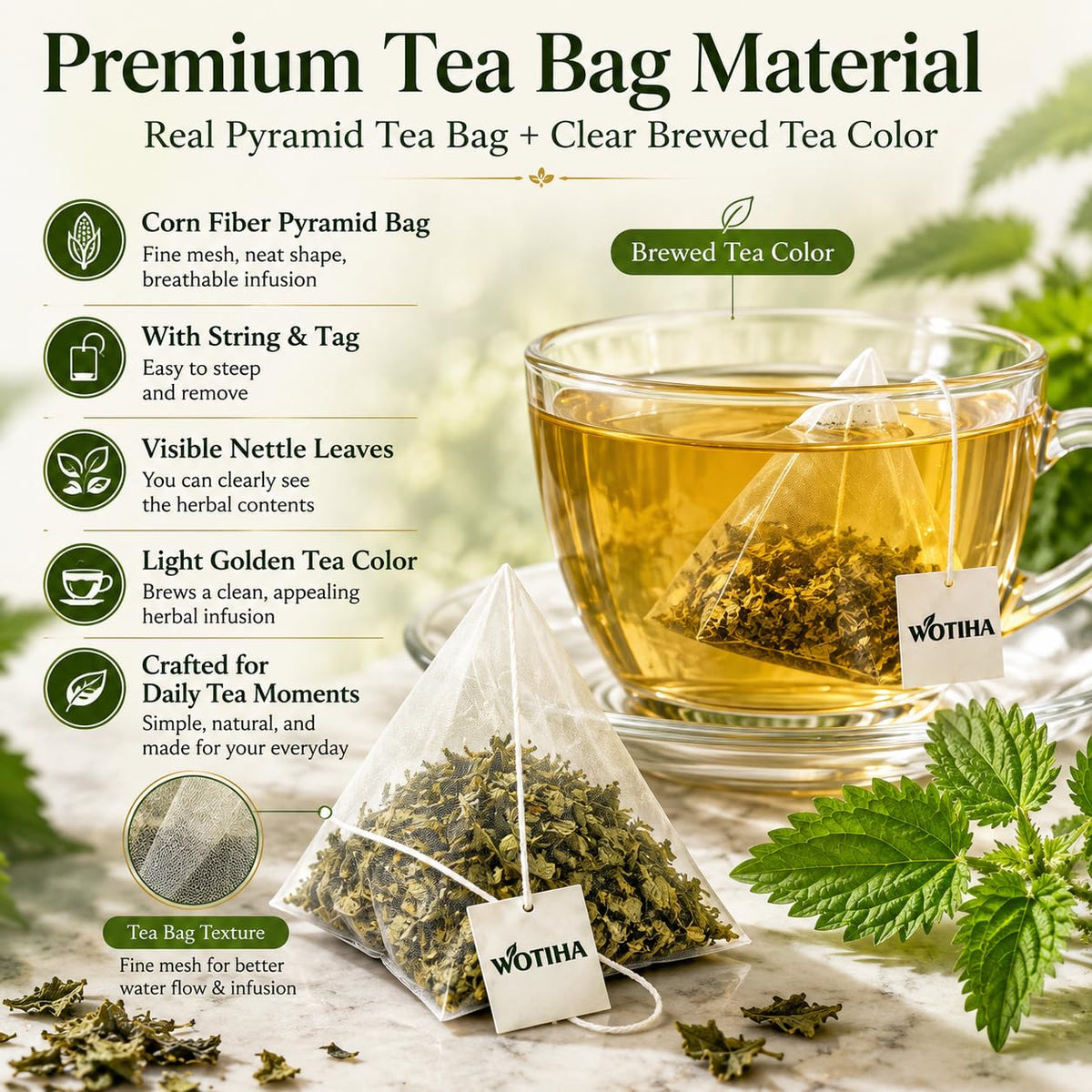 WOTIHA Stinging Nettle Leaf Tea Bags, 80 Count, Caffeine-Free Herbal Tea