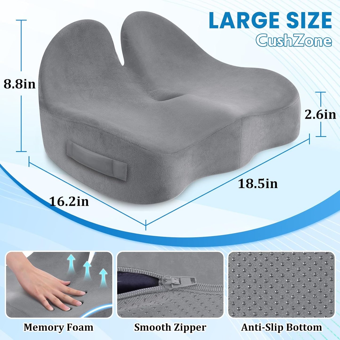 CushZone Seat Cushion, Ergonomic Memory Foam Seat Cushions for Office Chairs, Car, Long Trip, Desk Chair, Lab, Extra Large Size for Sciatica & Hip & Tailbone Pain Relief, Sciatica Support (Black)