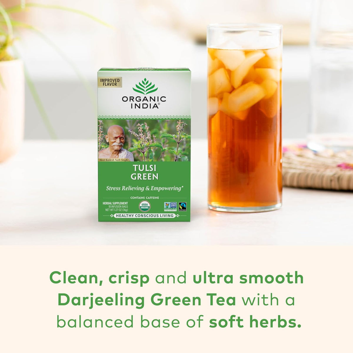 ORGANIC INDIA Tulsi Green Tea Bags, African Basil, 18 Infusion Bags, 6 Pack