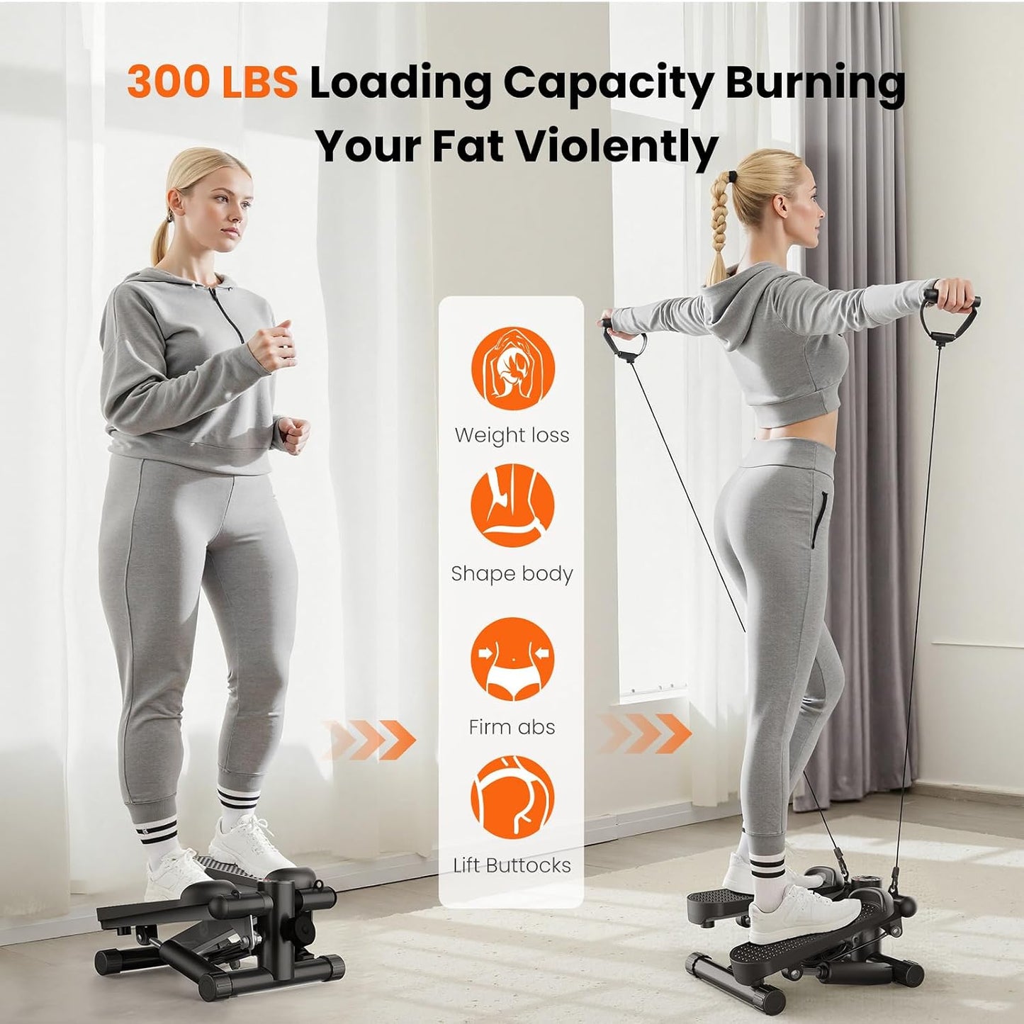 Sweetcrispy Mini Stair Stepper with Resistance Bands, Hydraulic Home Stepper Machine, 300 LBS Weight Capacity, Compact Cardio Equipment with LCD Monitor, No Assembly Required