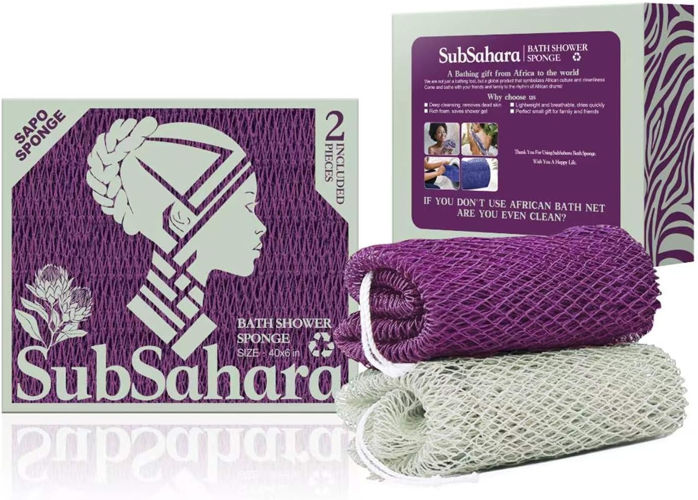 SubSahara Authentic African Net Sponge - 2 Pack Exfoliating Bath & Shower Loofah Sponge for Body & Face, Gentle Scrubber for All Skin Types, Travel, Durable Polyester (Olive Green & Light Green)