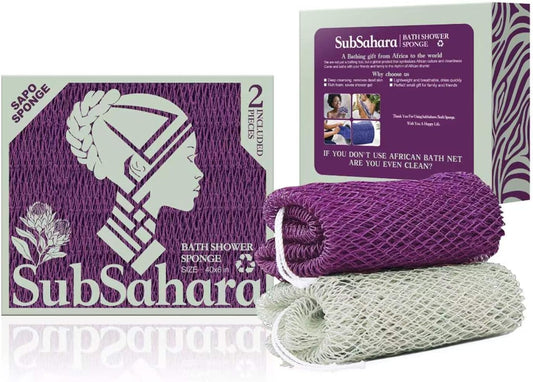 SubSahara Authentic African Net Sponge - 2 Pack Exfoliating Bath & Shower Loofah Sponge for Body & Face, Gentle Scrubber for All Skin Types, Travel, Durable Polyester (Olive Green & Light Green)
