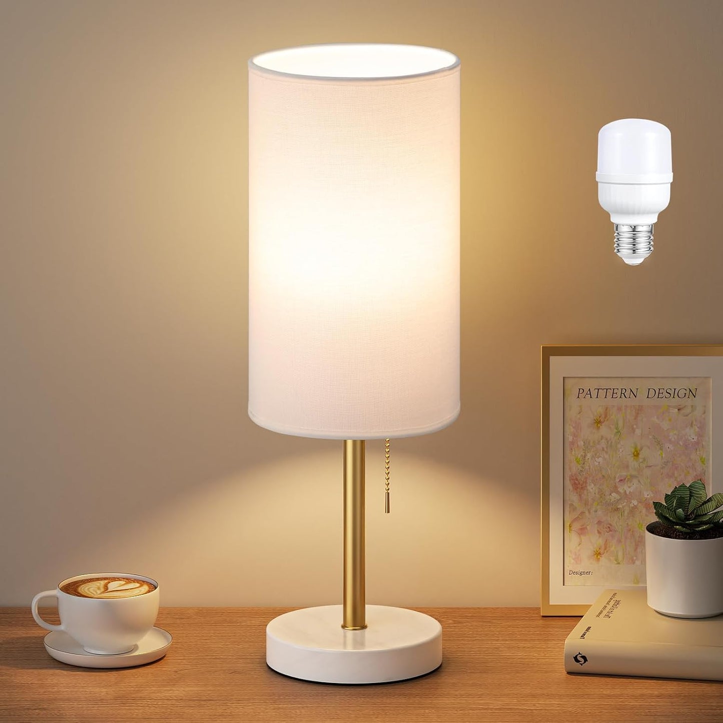 Small Bedside Table lamp for Bedroom - 3 Color Temperatures Bedside Lamps with USB C and A Ports, Pull Chain Table Lamps with AC Outlet, White Nightstand Lamps with Black Metal Base for Kids Reading