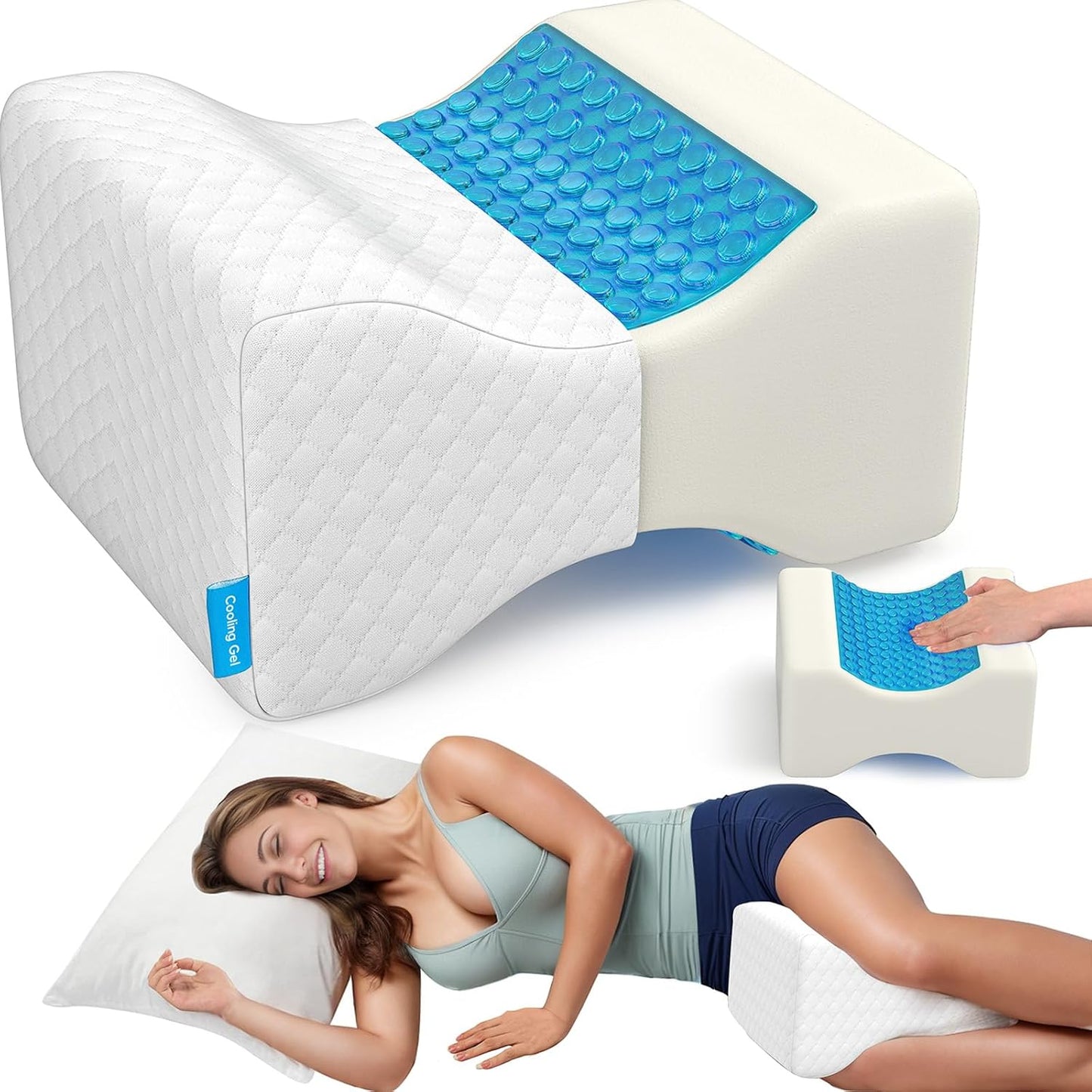 CloudBliss Knee Pillow for Side Sleepers-Cooling Leg Pillow for Side Sleeping, Memory Foam Knee Pillow for Hip Pain, Lower Back Pain, Sciatica Pain, Knee Wedge Pillow with Contour Design, White