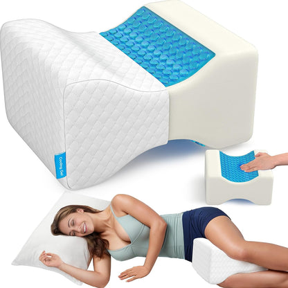 CloudBliss Knee Pillow for Side Sleepers-Cooling Leg Pillow for Side Sleeping, Memory Foam Knee Pillow for Hip Pain, Lower Back Pain, Sciatica Pain, Knee Wedge Pillow with Contour Design, White