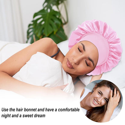 4Pcs Silk Satin Bonnets for Sleeping - Elastic Wide Band Wrap for Black Women Men,Silk Bonnets for Curly Hair,Large Hair Cap for Sleeping (Black+Wine Red+Purple+Brown)