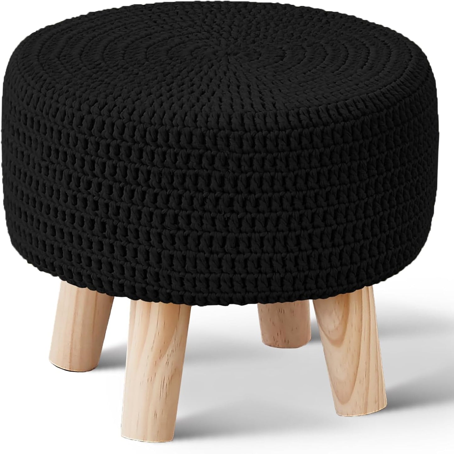 Wimarsbon Pouf Ottoman, 100% Cotton Knitted Boho Footstool, Round Footrest with Non-Skid Wood Legs, Home Décor Handmade Pouffe, Leisure Floor Step Stool for Living Room (Beige)