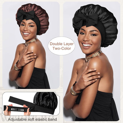 Satin Bonnet for Sleeping Cap Double Layer Hair Bonnet with Elastic Tie Band for Curly Hair Night Cap (Bean Paste + Pink)