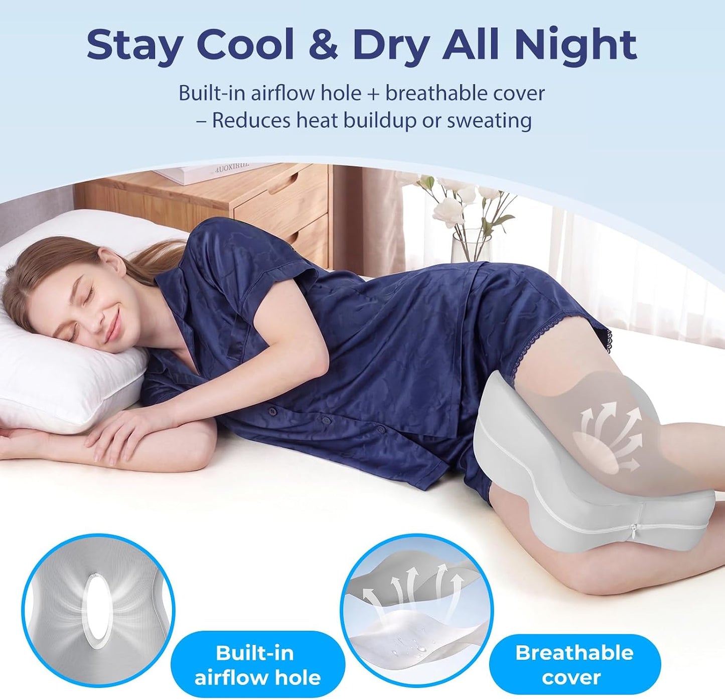 13" Extended-Length Knee Pillow for Side Sleepers with Full Thigh Support | Memory Foam Leg Pillow for Side Sleeping with Airflow Vent Reduces Heat – No Stiffening, Relieves Back/Hip/Knee Pain