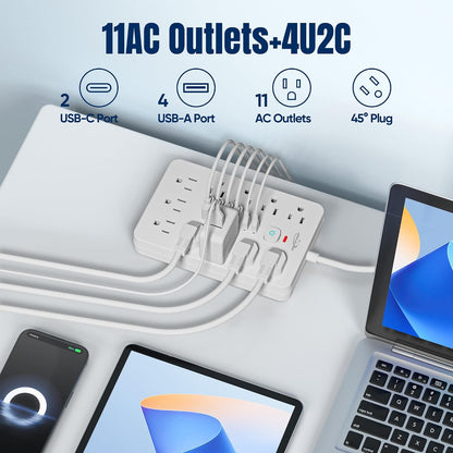 6 FT Flat Plug Surge Protector Power Strip,11 AC Outlets with 6 USB Ports