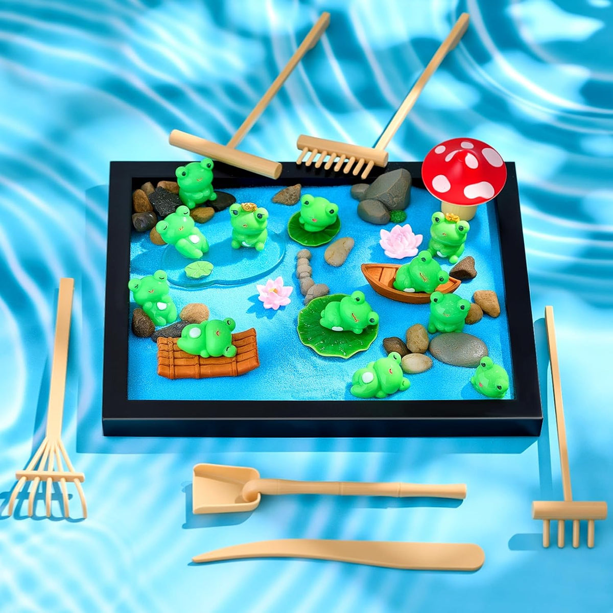 Soulchen Zen Garden Kit for Table Decor Christmas Sand Zen Garden Gifts Mini Sandbox Set with Black Wooden Tray, Sand, Tools & Accessories Japanese Gifts for Meditation Room Office Home