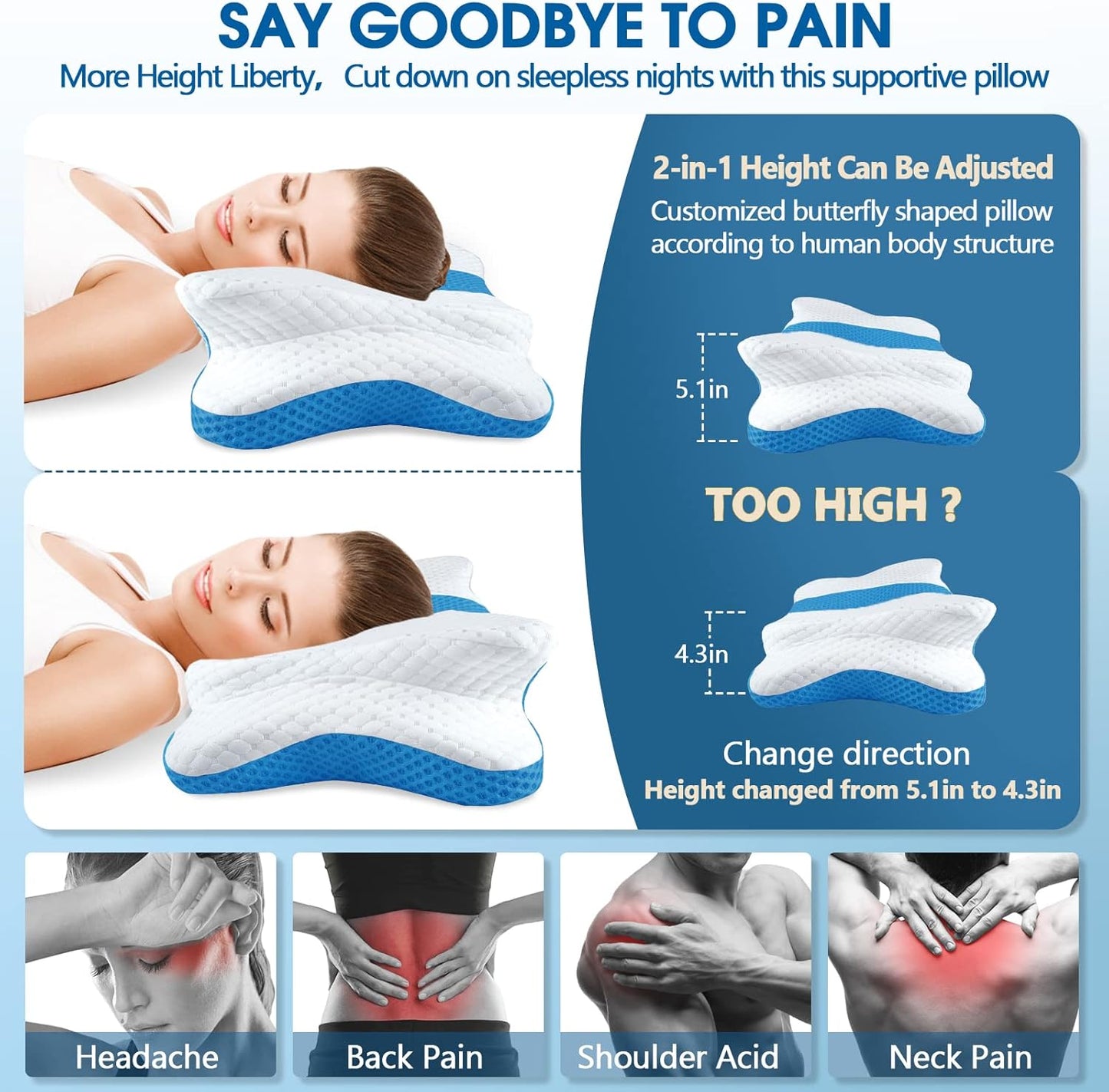 CHxxy Cervical Neck Pillow for Pain Relief Sleeping, Memory Foam Pillows, Ergonomic Side Sleeper Pillows, Cooling Orthopedic Neck Support Pillow for Back Stomach Sleepers-Queen Size Grey&Grey