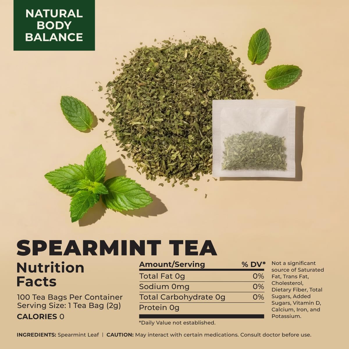 Spearmint Tea Bags 100 Count - 100% Natural Caffeine Free Herbal Tea