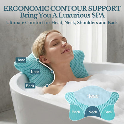 Non Slip Bath Pillow, Luxury Spa Bathtub Head & Neck Rest Support, Permeable Quick Drying Air Mesh Tub Pillow with 4 Large Suction Cups, Fits Any Tubs, Soft and Relaxing (White)