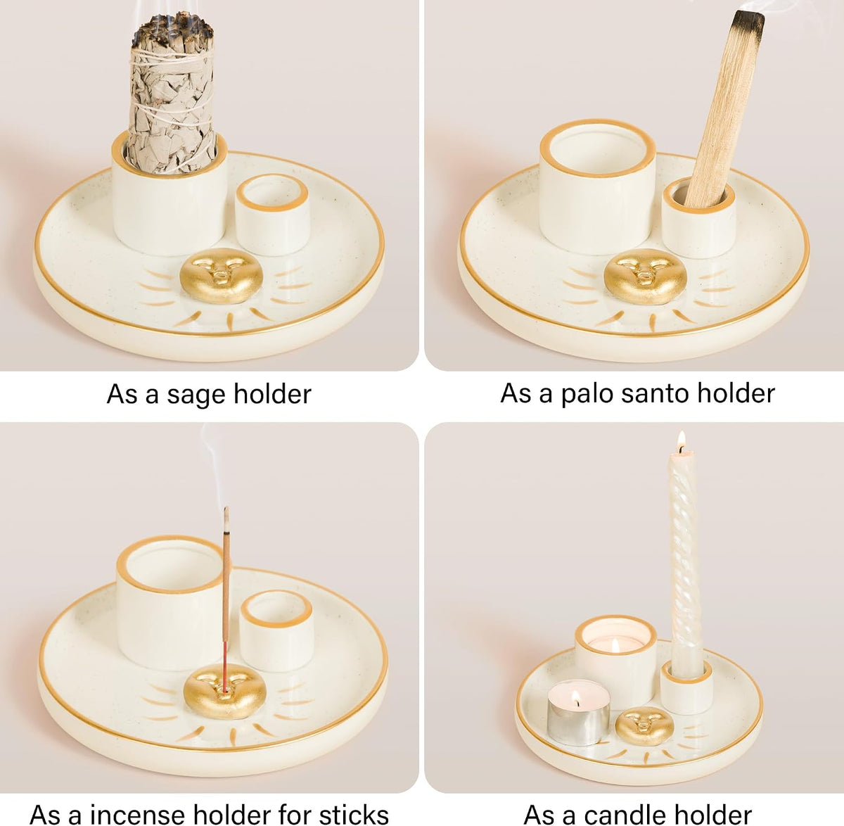 ZenBless Multifunction Incense and Candle Holder for Burning Sage, Palo Santo, Incense Sticks - 5.9" Ceramic Ash Catcher Tray for Meditation Room Home Decor Spritual Gifts (Gold)