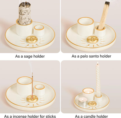 ZenBless Multifunction Incense and Candle Holder for Burning Sage, Palo Santo, Incense Sticks - 5.9" Ceramic Ash Catcher Tray for Meditation Room Home Decor Spritual Gifts (Gold)