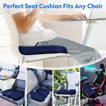 CushZone Seat Cushion - Memory Foam Office Chair Cushion for Sciatica, Tailbone & Back Pain Relief - Orthopedic Coccyx Pillow for Car, Airplane, Pregnancy & Long Sitting at Work, Black
