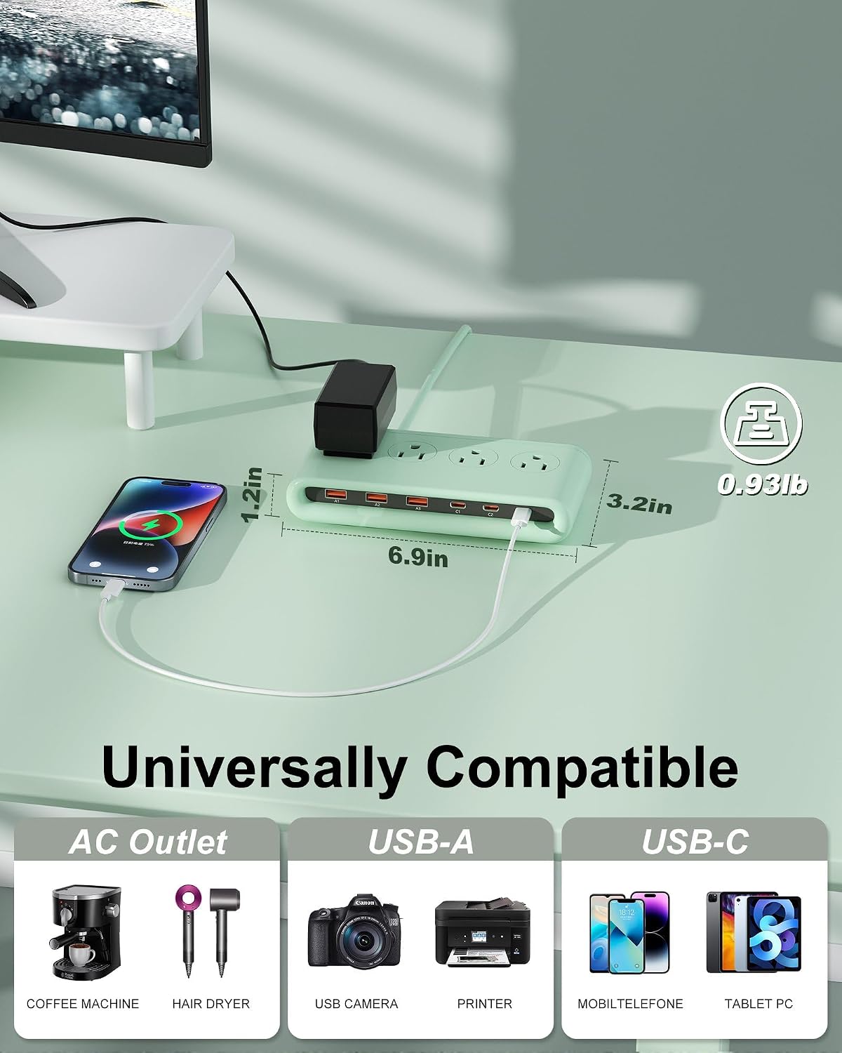 Power Strip with USB Port - 4AC & 6 USB(3USB C), Outlet Extender 5FT