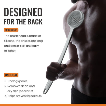Silicone Back Scrubber for Shower, 17in Lengthen Long Handle Body Brush, Double Sided Shower Brush for Shower Exfoliating and Massage Can Produce Rich Foam, Long Handle Back Scrubber for Men