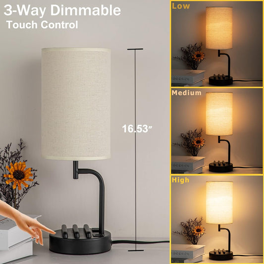 Dreamholder Touch Control USB Table Lamp, Upgraded 3-Way Dimmable Bedside Desk Lamp with USB C & A Charging Ports and AC Outlet, Nightstand Lamp for Bedroom, Dimmable Bulb Included, Gold