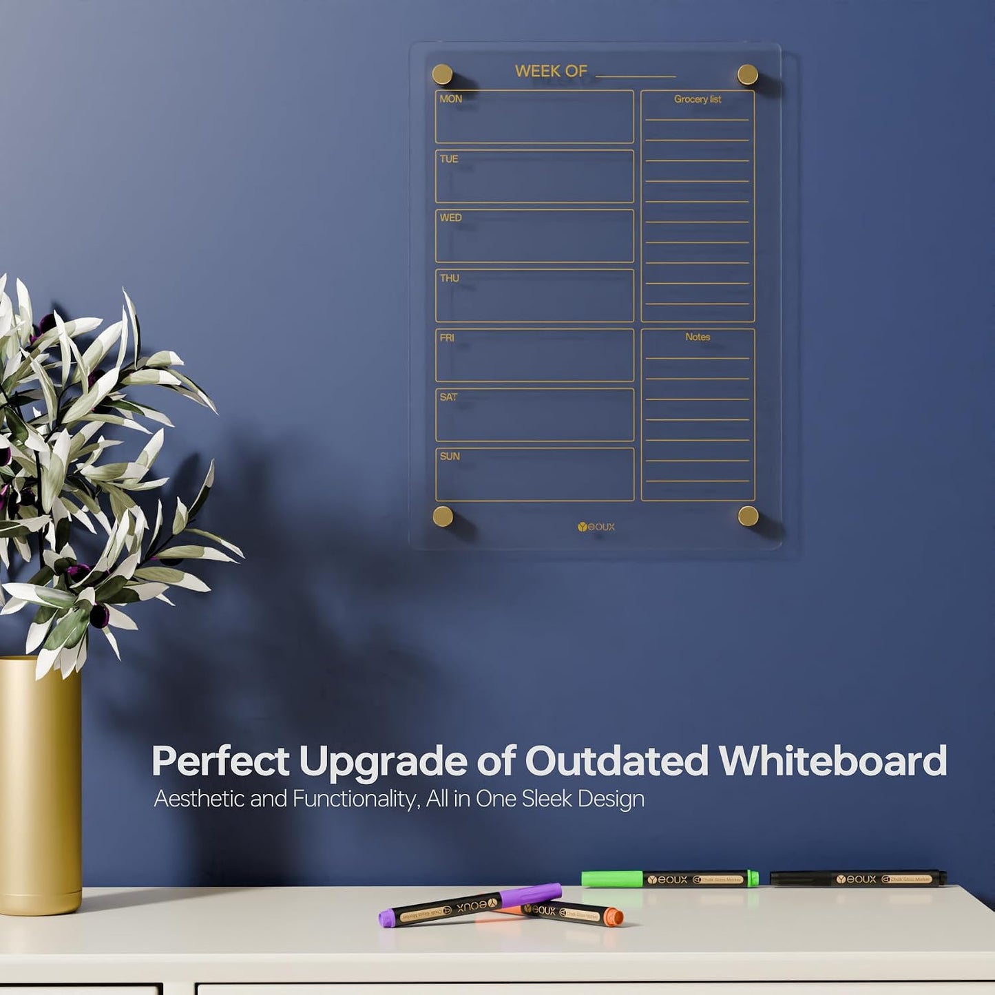 Yeoux Black Glass Golden Weekly & Menu Dry Erase Calendar Board 15“x11