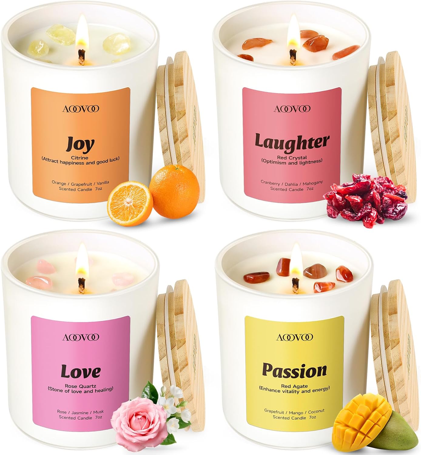 AOOVOO Calm Candles Set for Women - 4 Pack Candles for Home Scented, 28 oz 200 Hour Burn, Aromatherapy Candle with Crystals, Lavender Calm/Jasmine Serenity/Water Lily Pear Harmony/Patchouli Balance