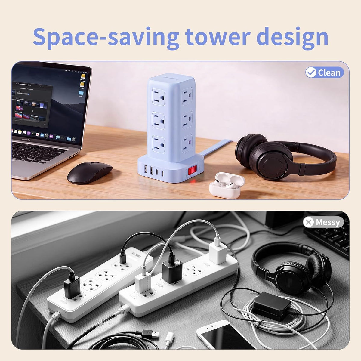 Extension Cord with Multiple Outlets, SMALLRT Power Strip Tower, Outlet Extender with 12 AC Outlets 4 USB, 6.5FT Extension Cord for Home Dorm Room, Office Supplies,Overload Protection