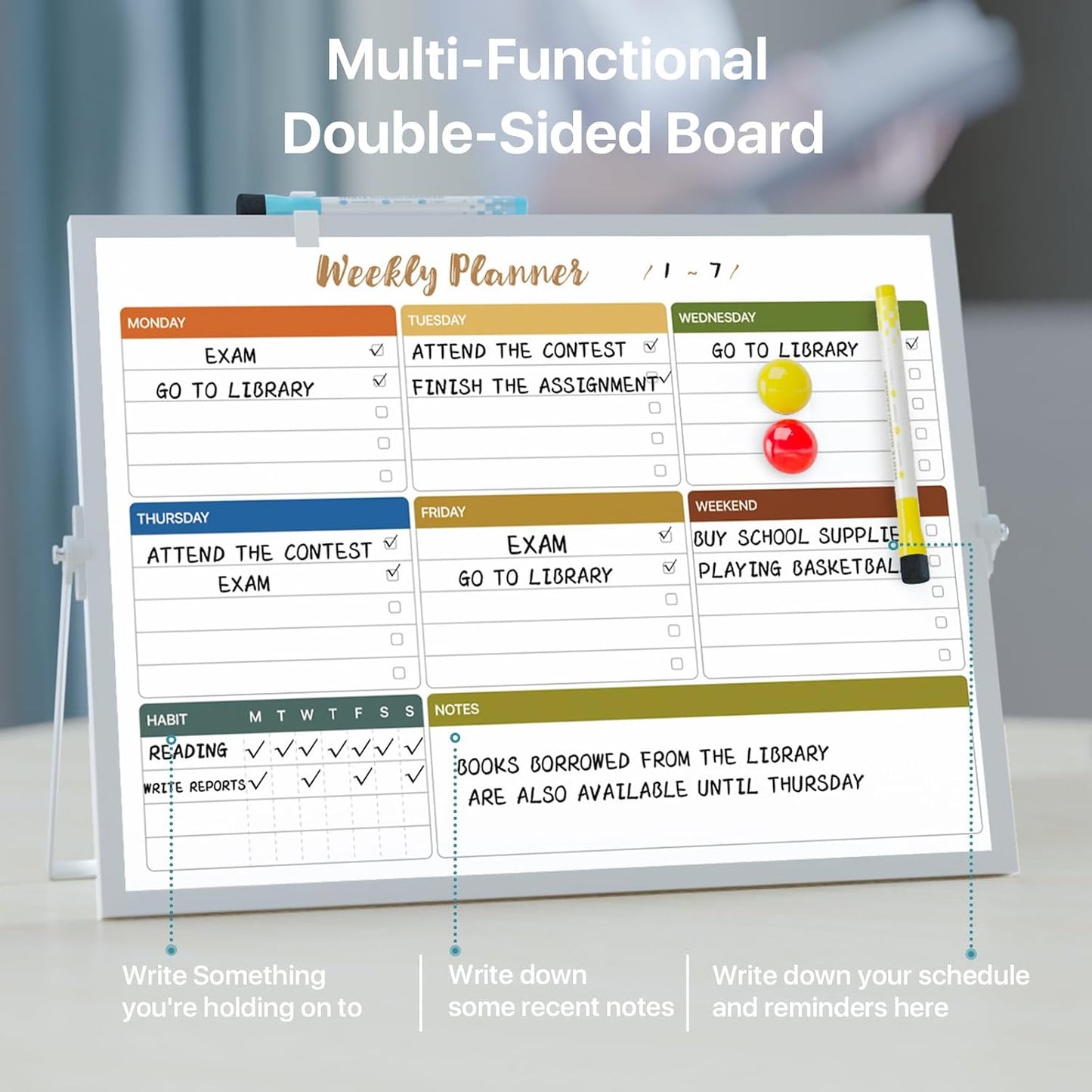Marsrock Dry Erase White Board with Stand,Double-Sided Weekly Whiteboard 16"x12",10 Markers,6 Magnets,1 Eraser,Portable Desktop Whiteboard for Planning,Weekly Schedule Board for Office