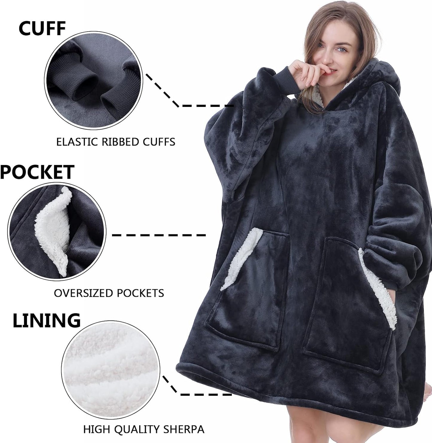 Kipswiza Wearable Blanket Hoodie Gifts for Women and Men, Oversized Cozy Warm Flannel Sherpa Hooded Blankets Sweatshirt with Giant Pockets for Adult and Teens, Dark Gray