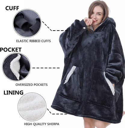 Kipswiza Wearable Blanket Hoodie Gifts for Women and Men, Oversized Cozy Warm Flannel Sherpa Hooded Blankets Sweatshirt with Giant Pockets for Adult and Teens, Dark Gray