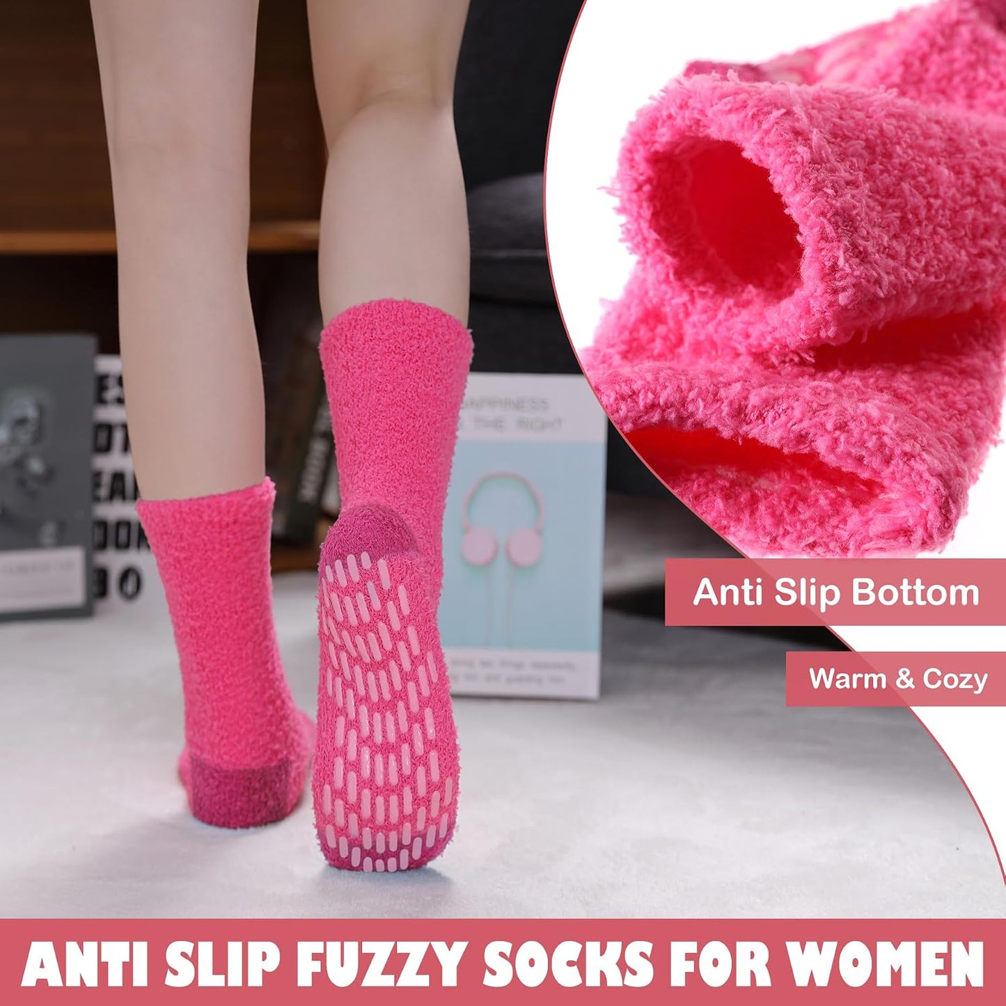 LINEMIN Non-Slip Fuzzy Socks for Women - Cozy Hospital Soft Fluffy Socks With Grips - Winter Warm Slipper