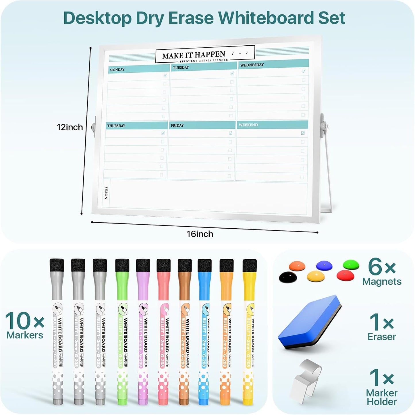 Marsrock Dry Erase White Board with Stand,Double-Sided Weekly Whiteboard 16"x12",10 Markers,6 Magnets,1 Eraser,Portable Desktop Whiteboard for Planning,Weekly Schedule Board for Office