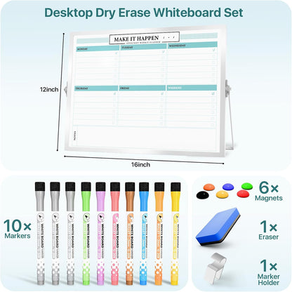 Marsrock Dry Erase White Board with Stand,Double-Sided Weekly Whiteboard 16"x12",10 Markers,6 Magnets,1 Eraser,Portable Desktop Whiteboard for Planning,Weekly Schedule Board for Office