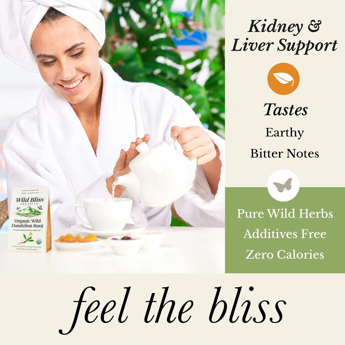 Wild Bliss Organic Wild Raw Dandelion Root Tea - Pharmacopoeia Quality Caffeine Free Herbal Detox Support - 25 Plant Based Tea Bags