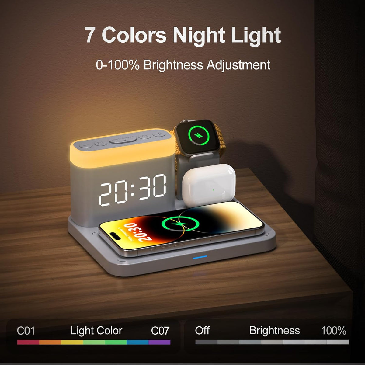 ANJANK Wireless Charging Station,5 in 1 Multiple Charger Stand with Alarm Clock,7 Night Light,Magnetic Charging Dock for iPhone 18 17 16 15 14 13 Pro Max Plus,Apple Watch 11/10/9/8,for Airpods,Bedroom