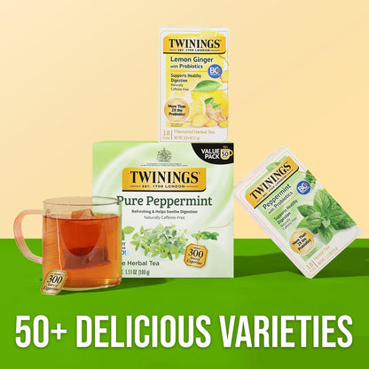 Twinings Peppermint with Probiotics Herbal Tea, 18 Count (Pack of 6), Supports Healthy Digestion, Naturally Caffeine-Free, Enjoy Hot or Iced, 108 Teabags