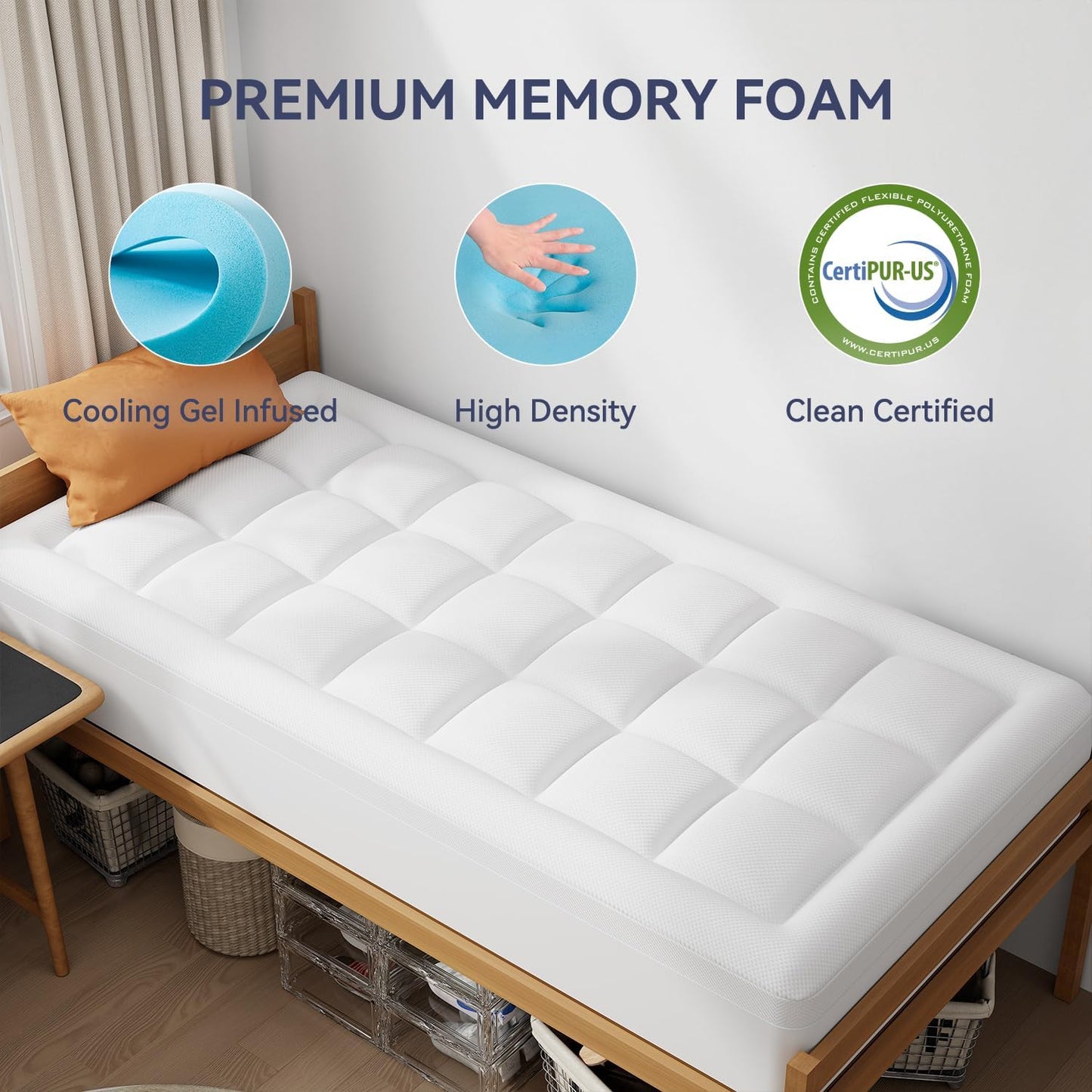 ELEMUSE Twin XL Dorm Dual Layer 3 Inch Memory Foam Mattress Topper for College, Dorm Room Essentials, 2 Inch Cooling Gel Foam and 1 Inch Soft Pillow Top Bed Pad,Back to School Comfortable Support