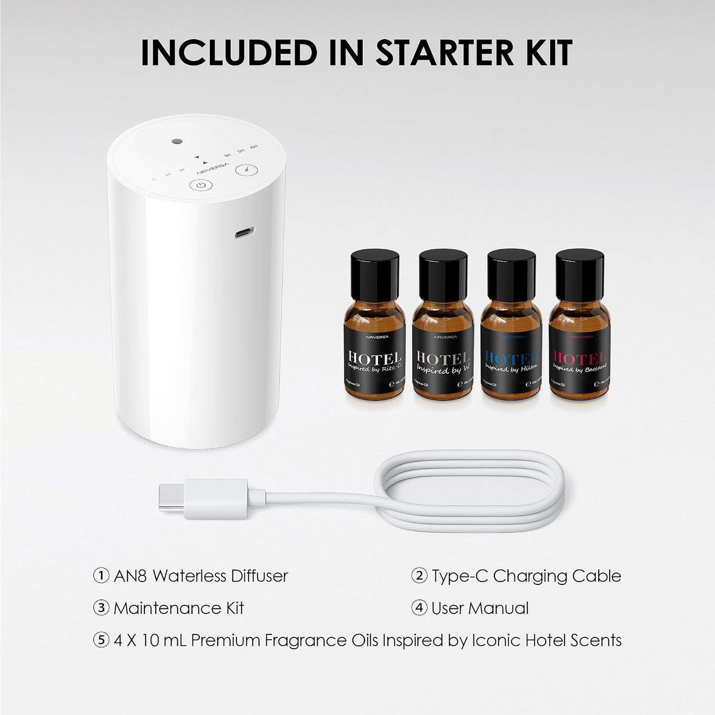 Airversa Waterless Essential Oil Diffuser Starter Kit with 4 x 10mL Hotel Scent Fragrance Oil, Battery Operated Mini Scent Air Machine Portable Diffuser for Home Car Office, AN8 Kit Black