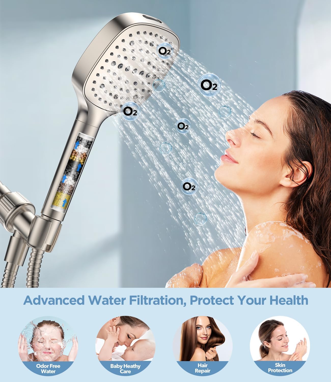 MakeFit Filtered Shower Head Black - 6 Modes High Pressure Handheld Shower Head with Filter Mineral Beads, Detachable Handheld Showerhead Set with Stainless Steel Hose and Shower Arm Bracket