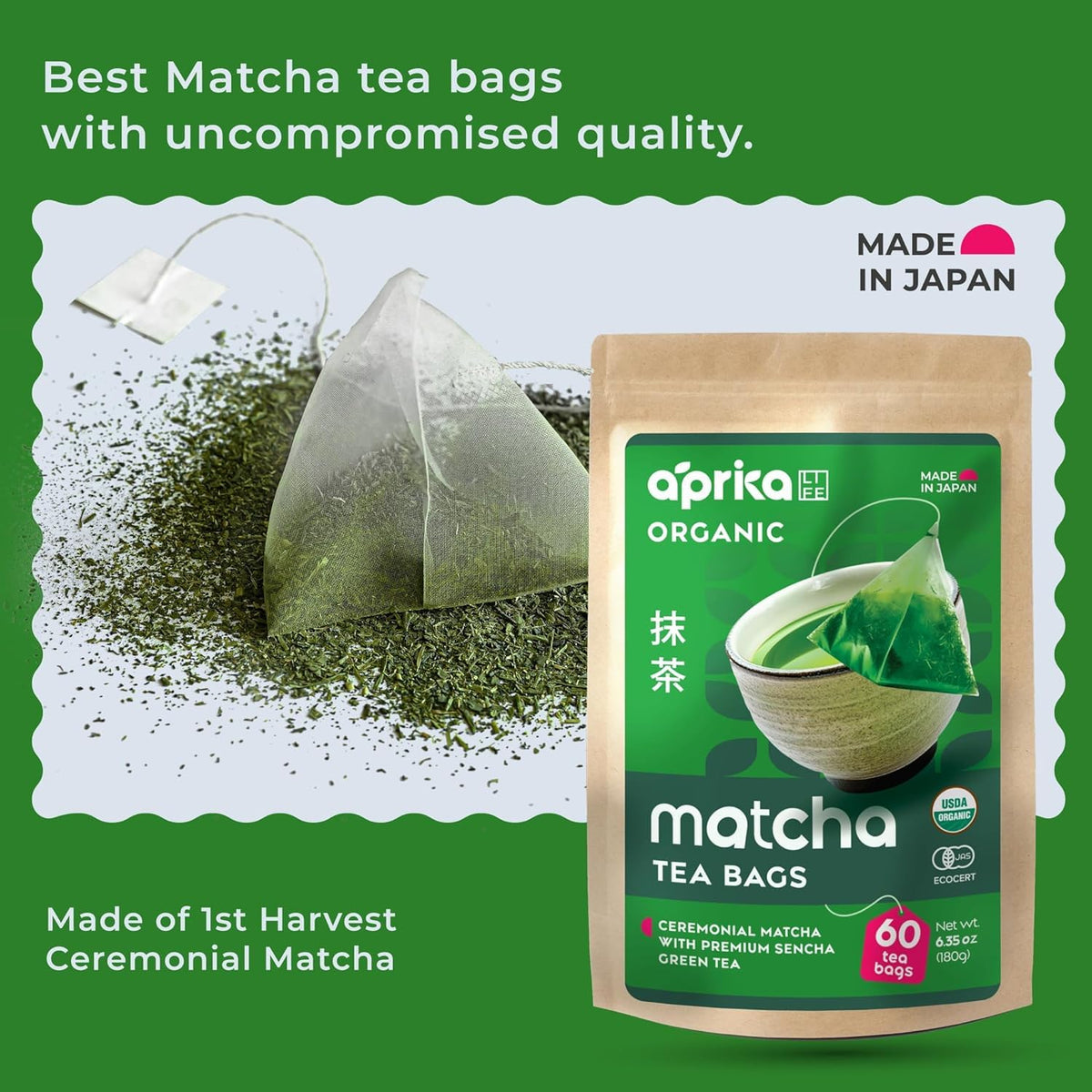 AprikaLife Organic Japanese Matcha Sencha Green Tea Bags, 60 Tea Pyramids