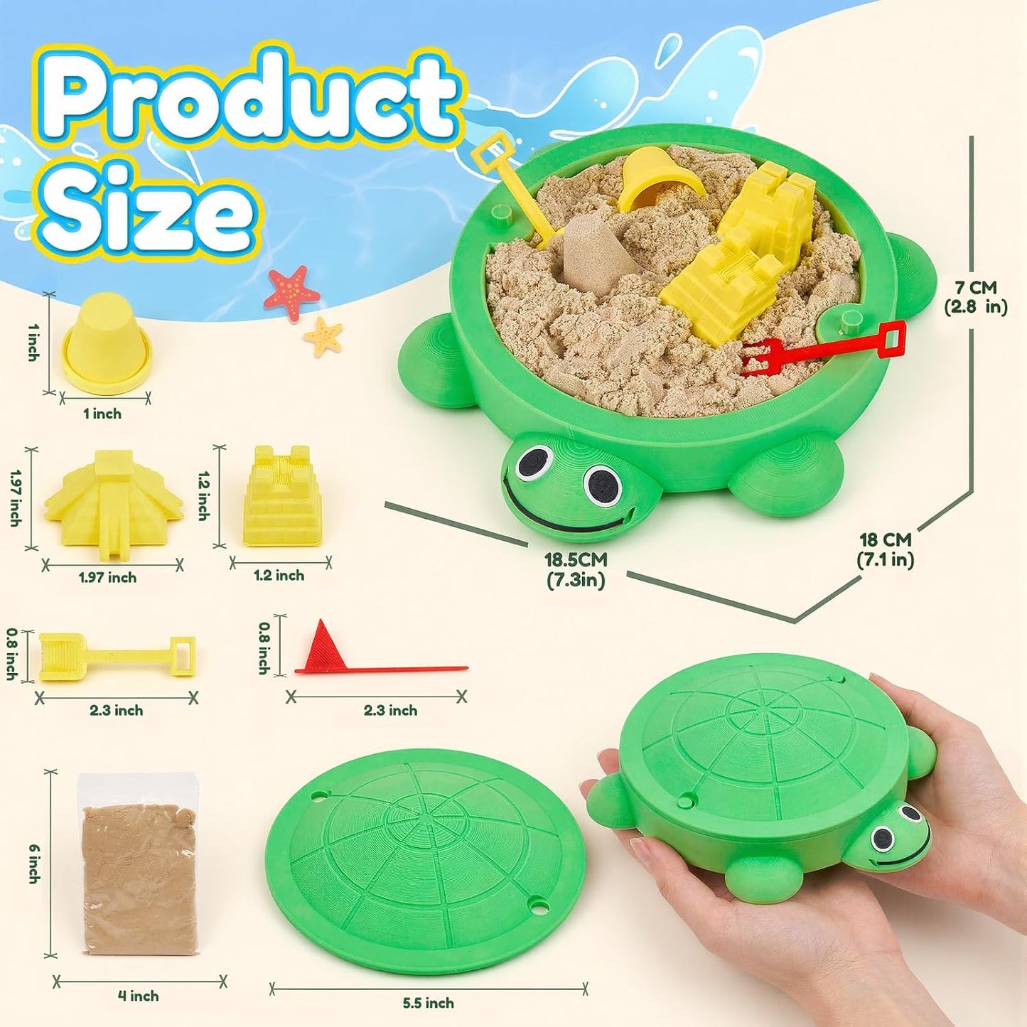 7.1 in Desktop Turtle Sandbox with Lid -17Pcs MINI Desk Zen Garden Kit with Varied Molds, Tools & Sand, Mini Zen Garden for Desk, Stress Relief Desk Toys Gifts for Office for Adults (Turtle)
