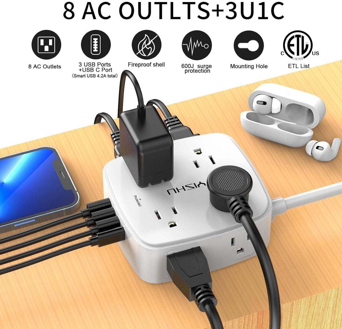 YISHU 6Ft Surge Protector Power Strip with 8 Widely Outlets & 4 USB Ports