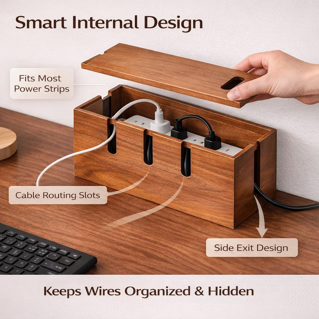 Large Acacia Wood Cable Management Box for Power Strips