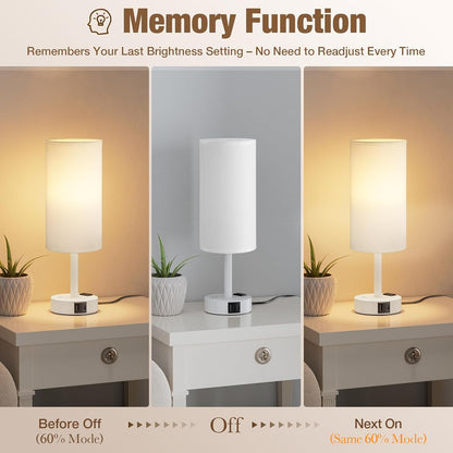Touch Bedside Table Lamp with Memory - Stepless Dimmable Lamp for Bedroom, Small Nightstand Lamp with Dual USB Charging Ports and AC Outlet, Wood Night Light, Desk Lamp for Nursery, Living Room, Dorm