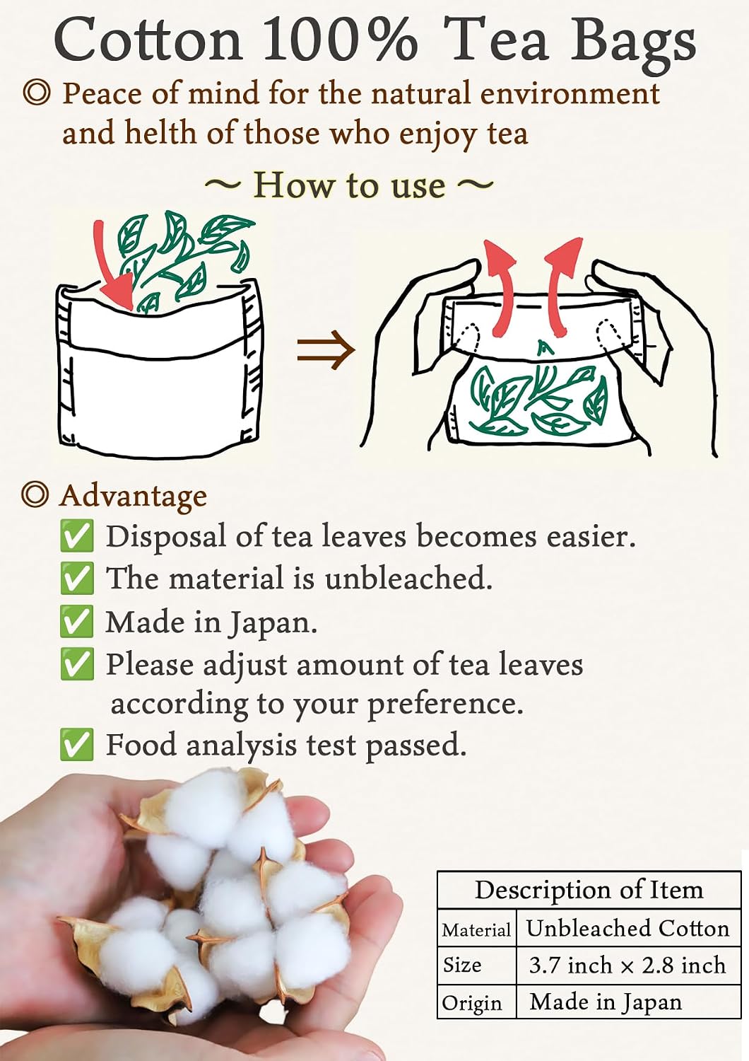 Tea bags for loose leaf tea Cotton100% Empty Disposable Unbleached Strainer Filter Bags ECO 30pcs x 4sets (3.7 x 2.8Inch)