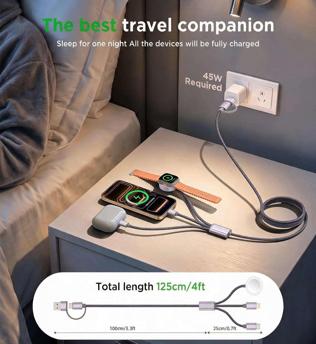 Travel Essentials for Apple Watch Charger,3-in-2 Multi Charging Cable