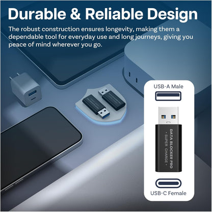 MMOBIEL USB-C to USB-A Data Blocker [2 Pack] Charge-Only Adapter for Safe Charging in Public, Blocks Data Transfer & Juice Jacking, Protects Phones, Tablets, Laptops – Black