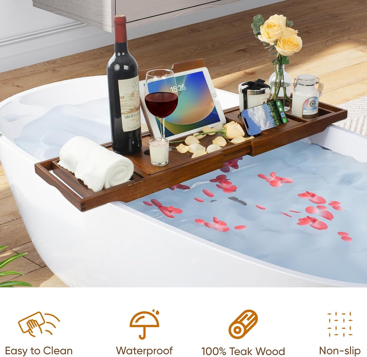 Premium Foldable Teak Bathtub Tray, Expandable Bath Tray for Tub, Luxury Bathtub & Bathroom Accessories