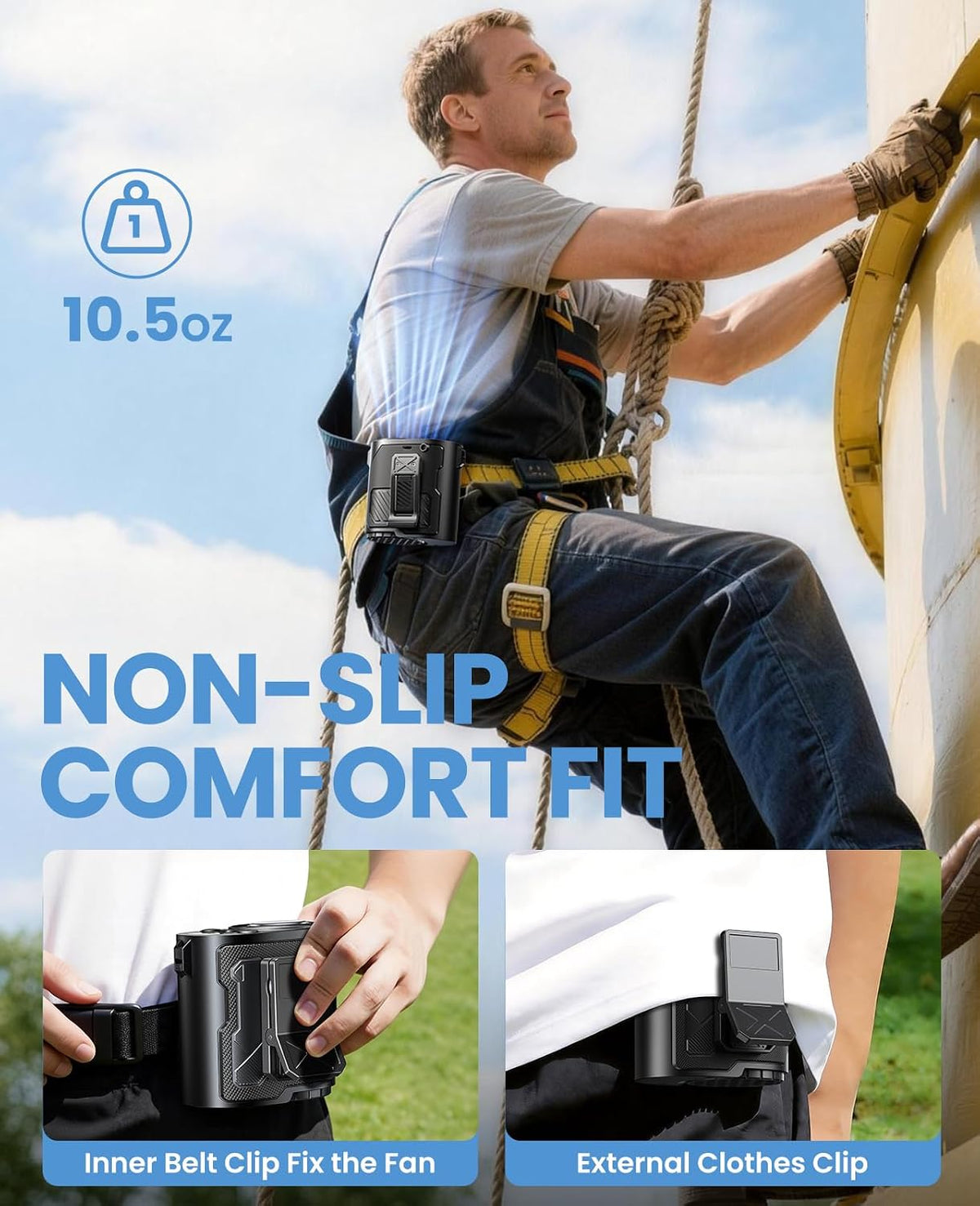 Portable Waist Fan with Ice Cooling, 4-in-1 Clip-On Fan for Car/Shirt/Hat/Belt, 16000RPM Strong Airflow, 12H Runtime, 100 Speed Settings, Wearable Fan for Outdoor Work, Camping, Travel Black
