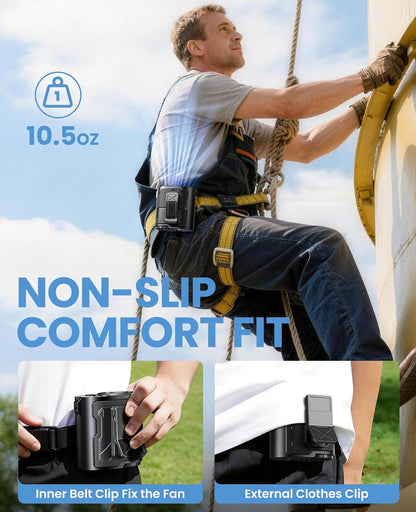 Portable Waist Fan with Ice Cooling, 4-in-1 Clip-On Fan for Car/Shirt/Hat/Belt, 16000RPM Strong Airflow, 12H Runtime, 100 Speed Settings, Wearable Fan for Outdoor Work, Camping, Travel Black
